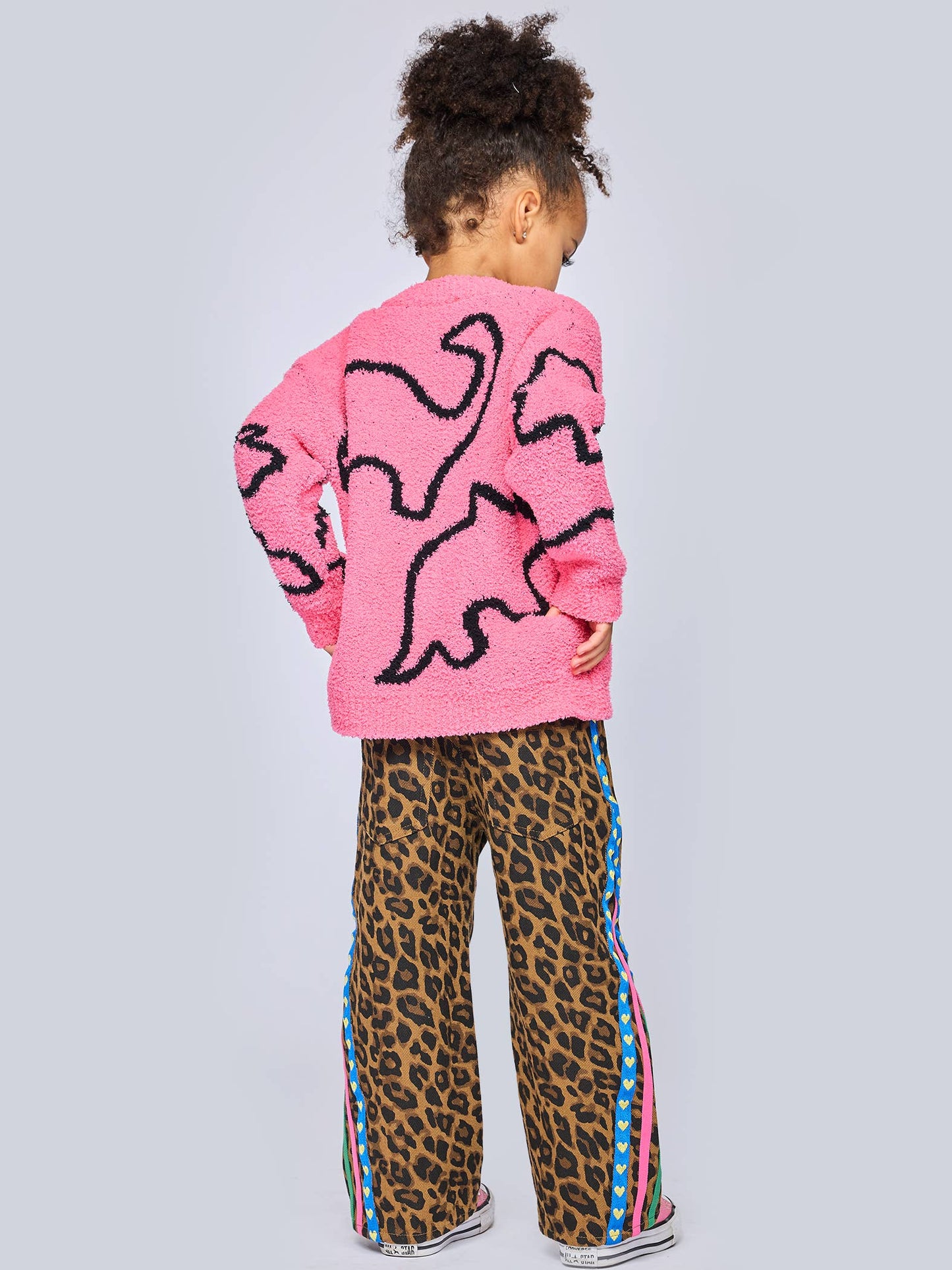 Leopard Print Denim Pants W/ Side Trim Detail: Brn Multi