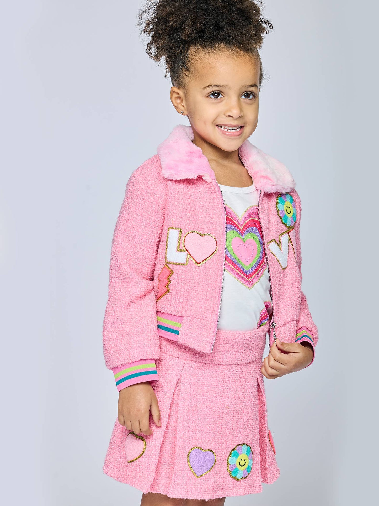 Tweed Bomber Jacket W/ Faux Fur Collar and Love Trim Detail: Pink