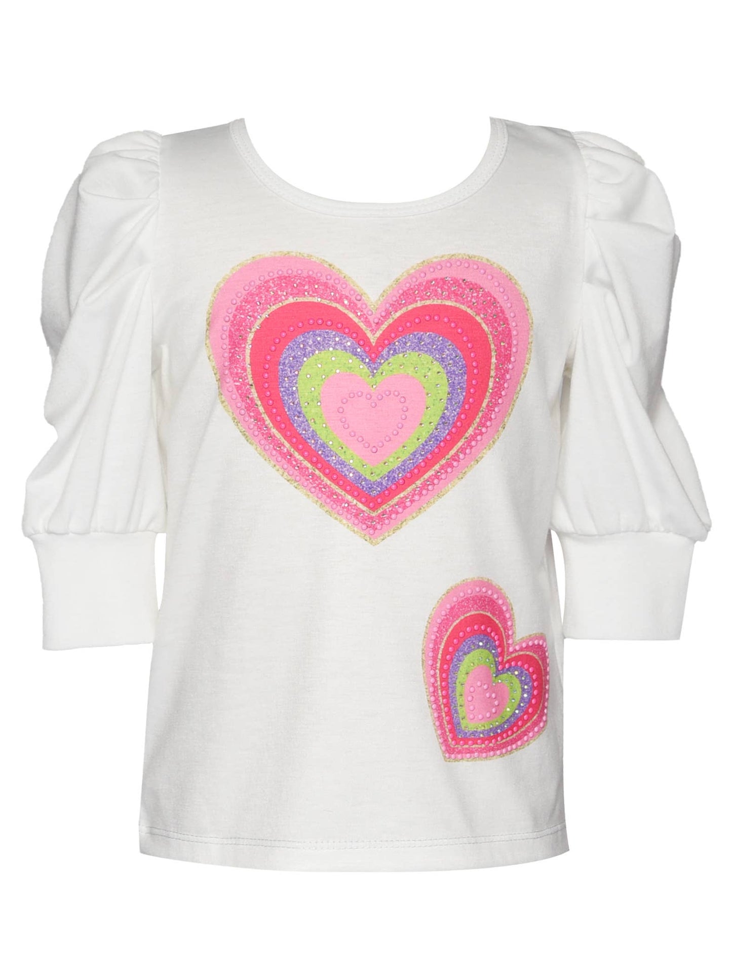 Heart Print Top W/ Pleated Sleeve Detail: Whitemulti