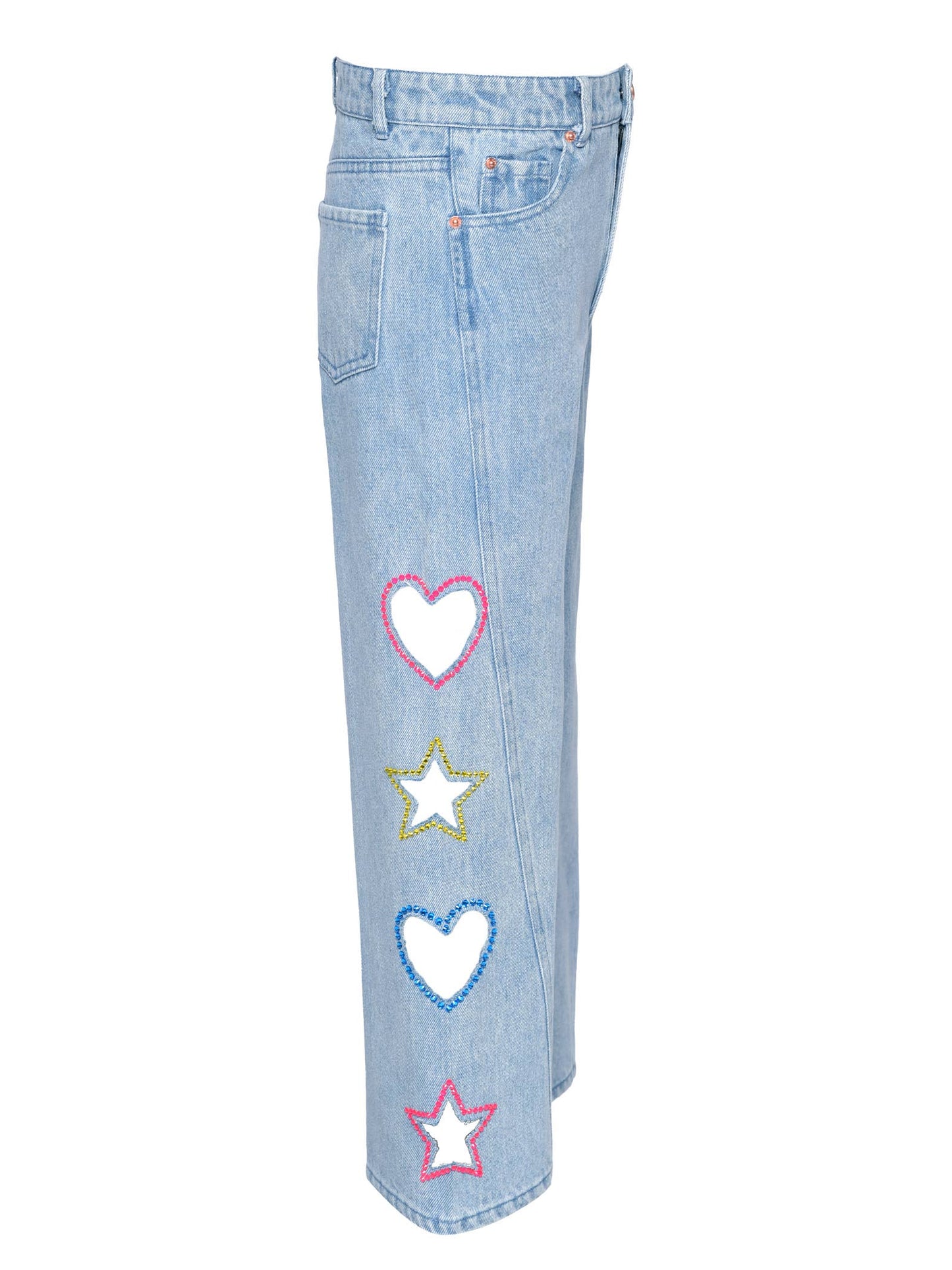 WIDE LEG JEANS WITH CUTOUT SHAPES: STONEWASH