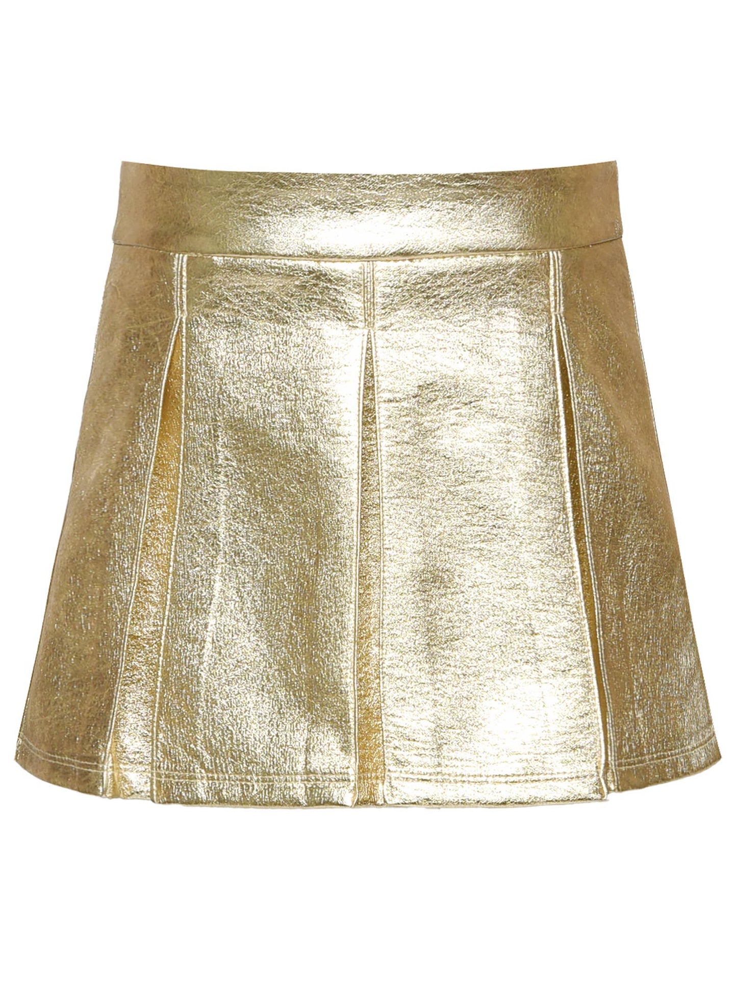 Faux Leather Metallic Pleat Skirt: Gold