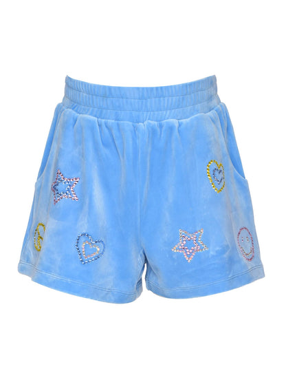 VELOUR SHORTS WITH RHINESTONE EMOJIS: BLUE /