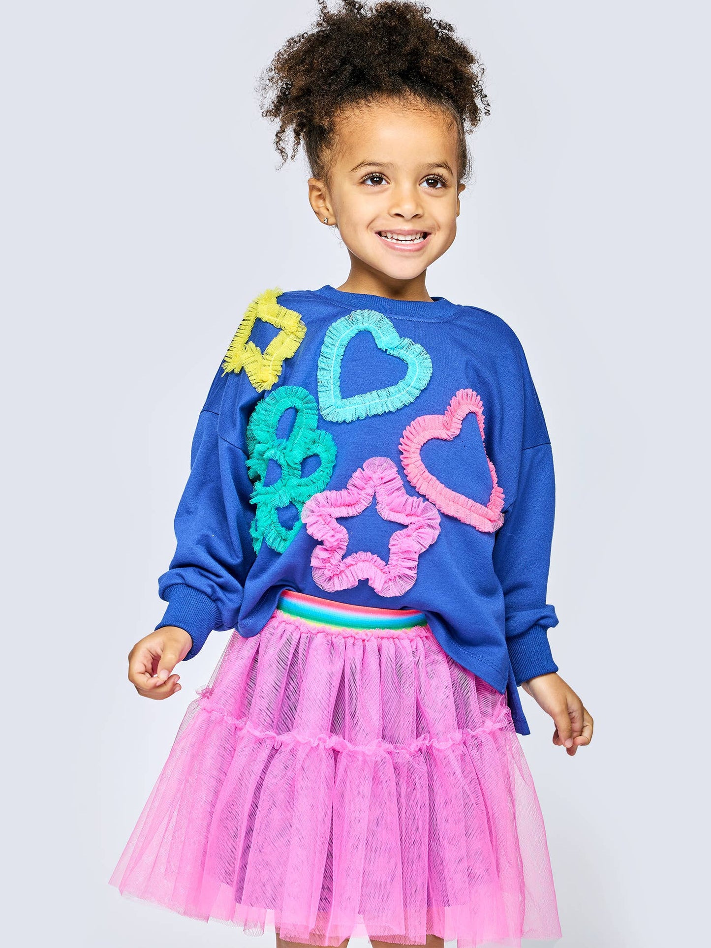 Long Sleeve Top With  Mesh Heart, Star, Flower Details: Blue Multi