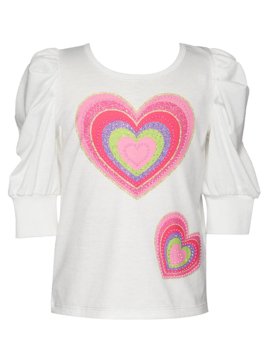 Heart Print Top W/ Pleated Sleeve Detail: Whitemulti