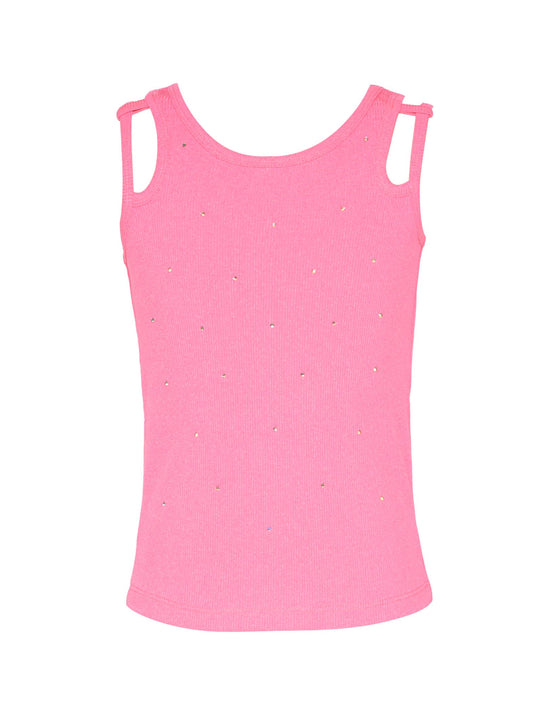 DOUBLE STRAP RIB TANK TOP WITH RHINESTONES: PINK /