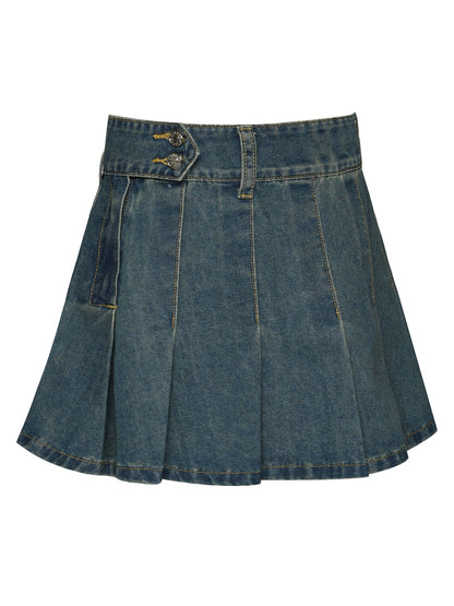 Denim Pleated Skirt: Stonewash
