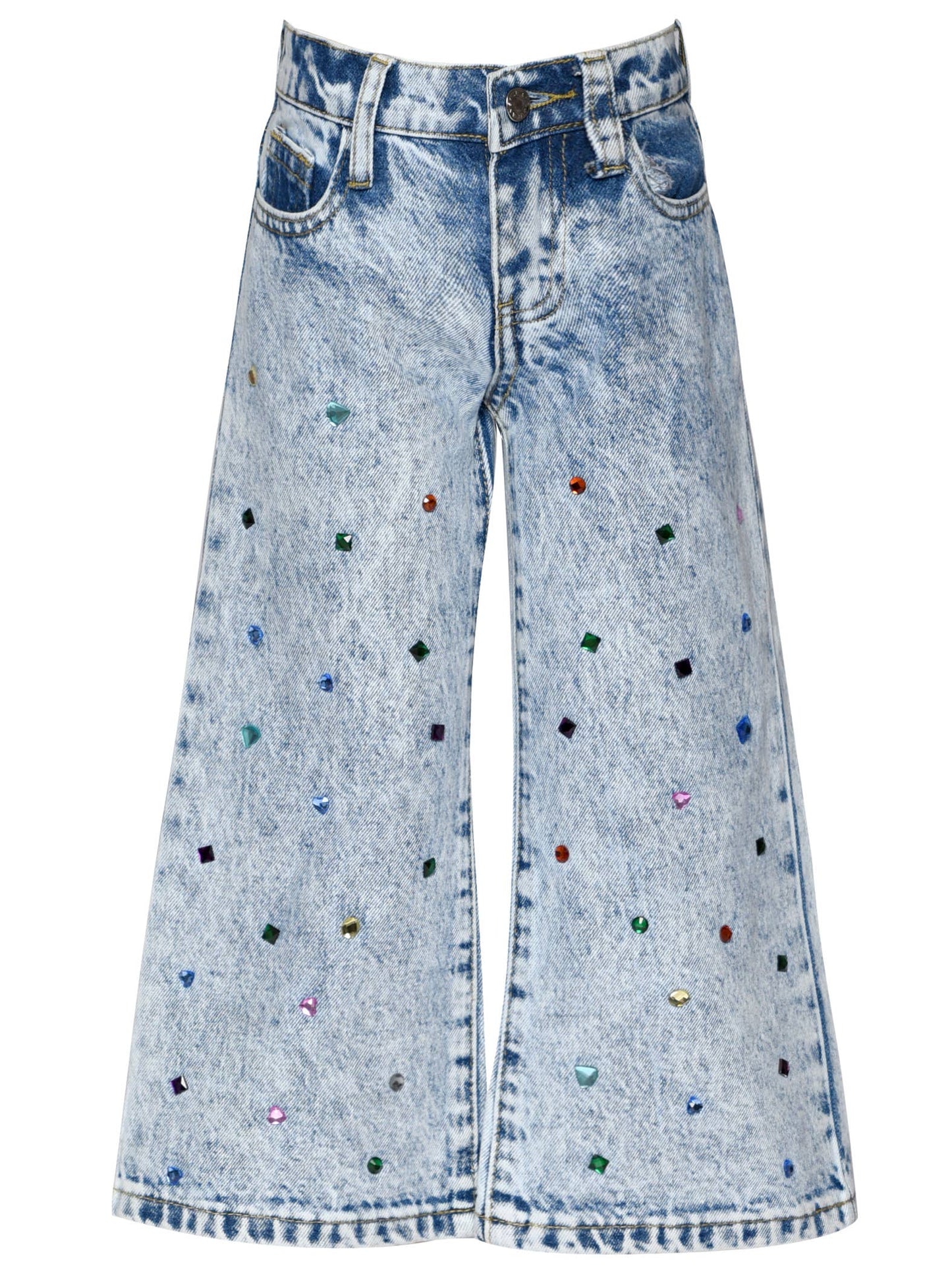 Acid Wash Denim Pants W/ Rhinestones: Blue
