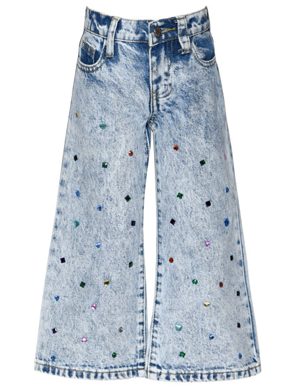 Acid Wash Denim Pants W/ Rhinestones: Blue