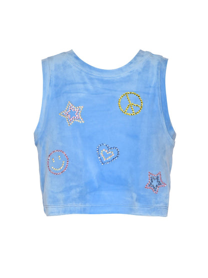 SLEEVELESS VELOUR TOP WITH RHINESTONE EMOJIS: BLUE