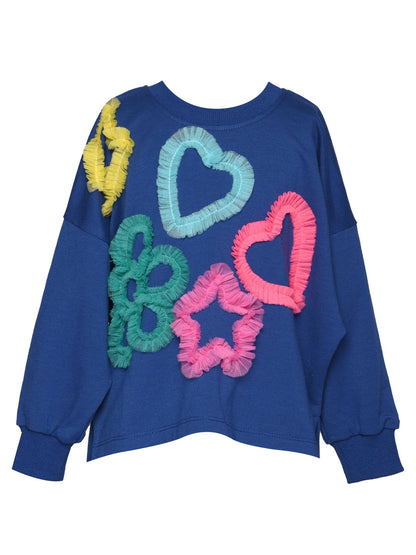 Long Sleeve Top With  Mesh Heart, Star, Flower Details: Blue Multi