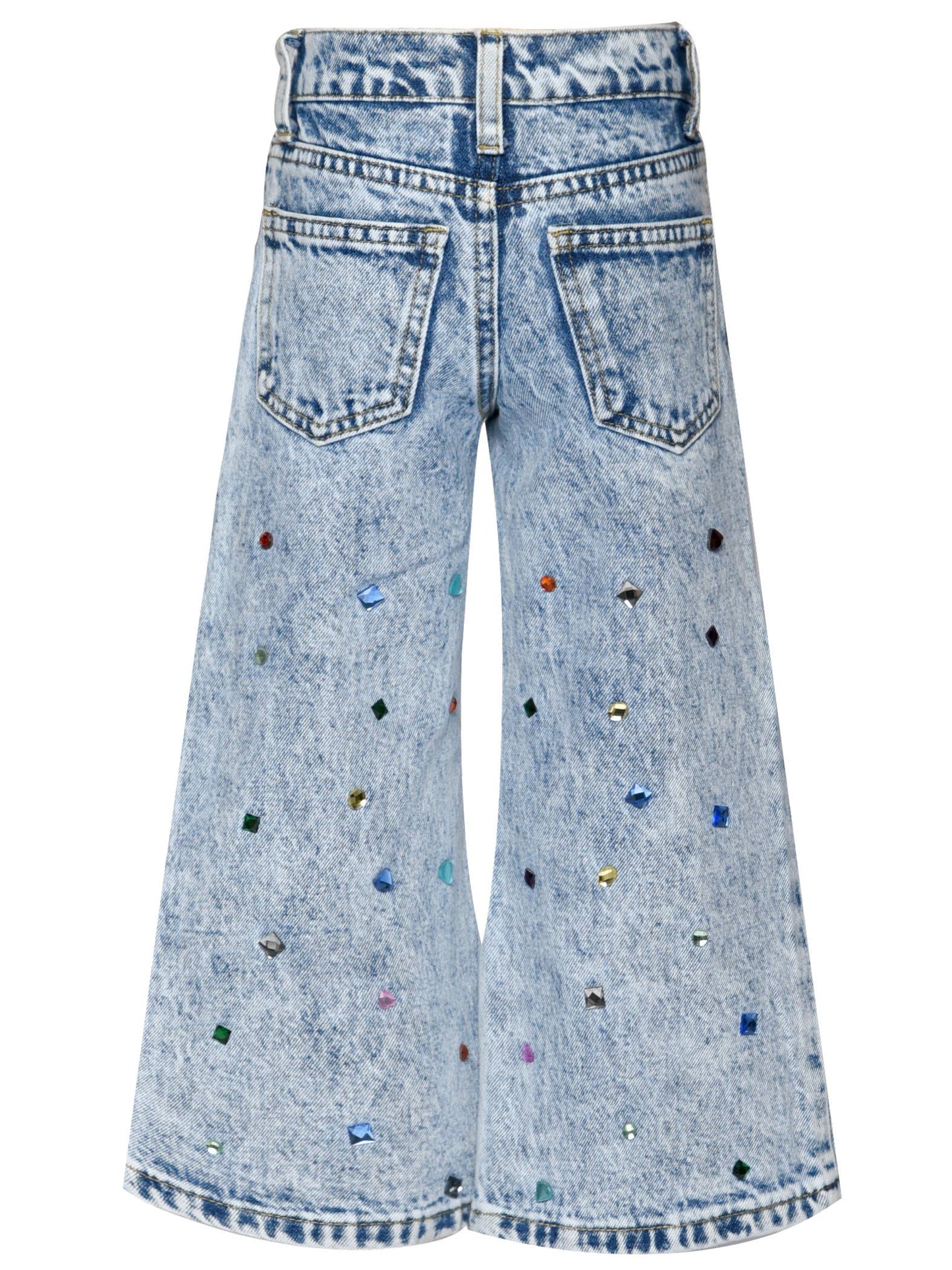 Acid Wash Denim Pants W/ Rhinestones: Blue
