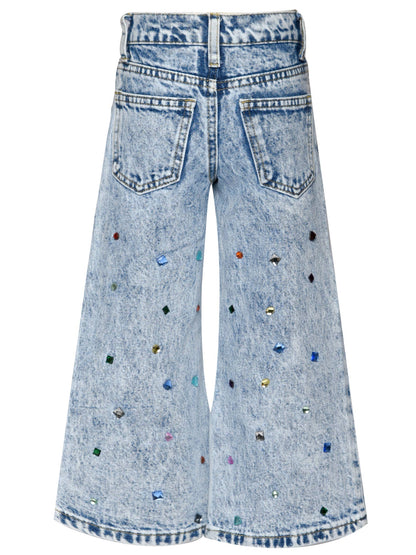 Acid Wash Denim Pants W/ Rhinestones: Blue