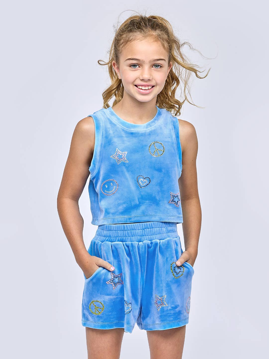 VELOUR SHORTS WITH RHINESTONE EMOJIS: BLUE /