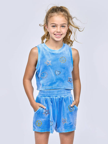 VELOUR SHORTS WITH RHINESTONE EMOJIS: BLUE /