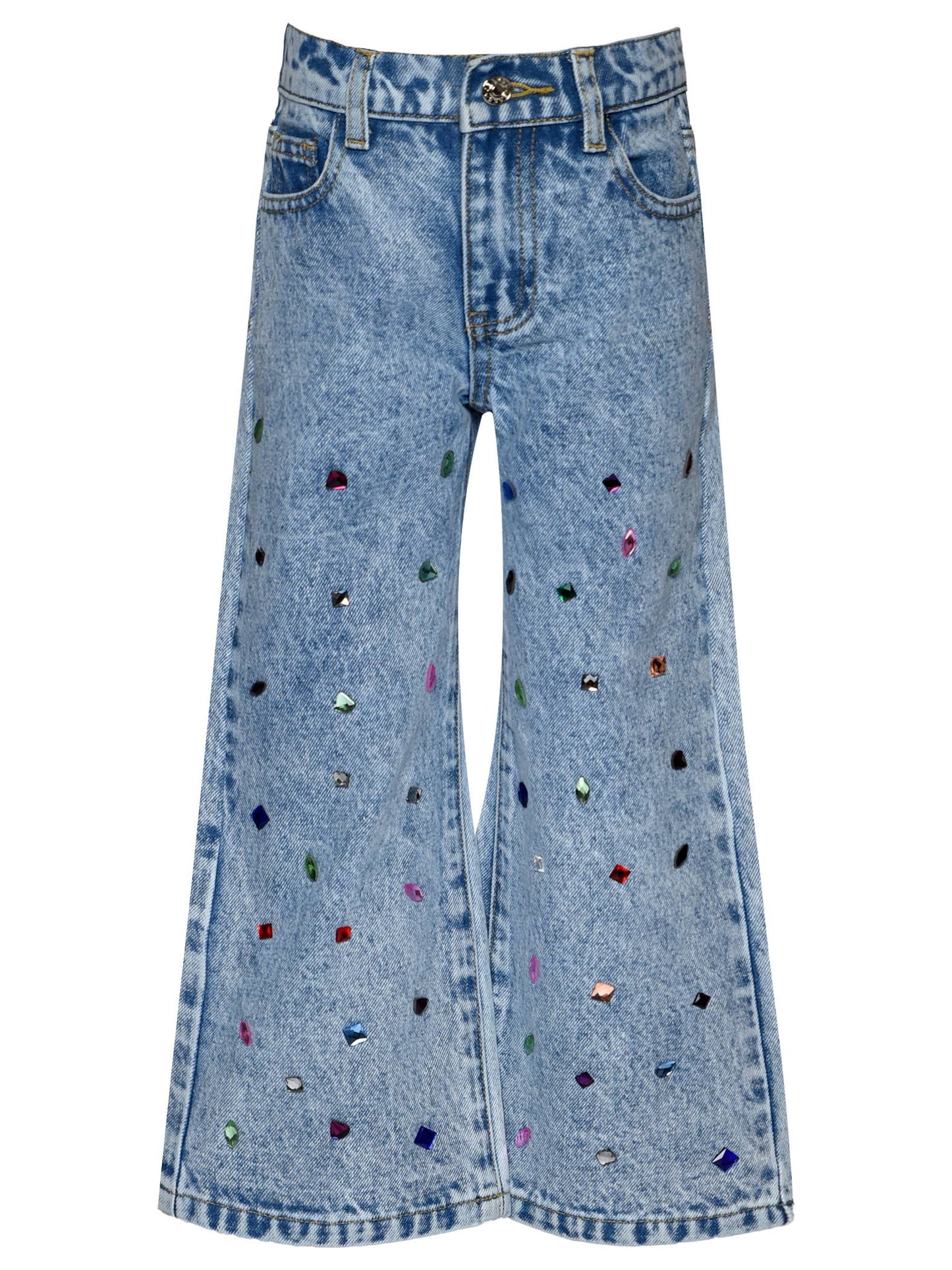 Acid Wash Denim Pants W/ Rhinestones: Blue