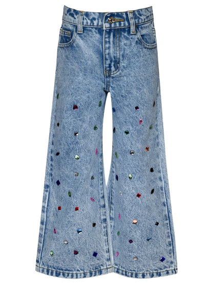 Acid Wash Denim Pants W/ Rhinestones: Blue