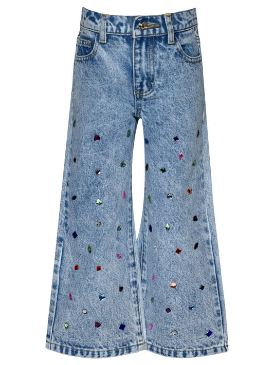 Acid Wash Denim Pants W/ Rhinestones: Blue