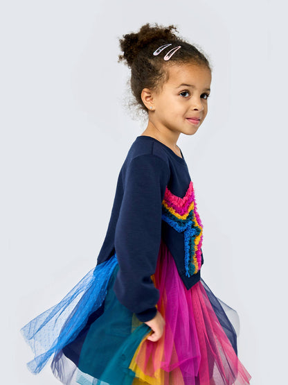L/S TWOFER DRESS WITH RAINBOW MESH STAR DETAIL AND TUTU MESH