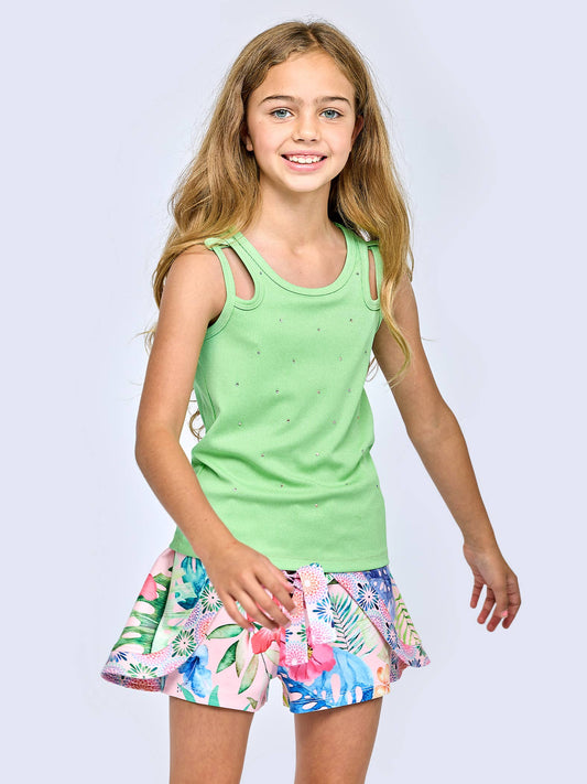 DOUBLE STRAP RIB TANK TOP WITH RHINESTONES