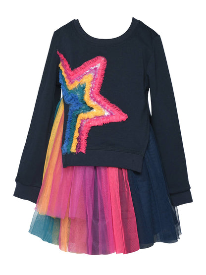 L/S TWOFER DRESS WITH RAINBOW MESH STAR DETAIL AND TUTU MESH