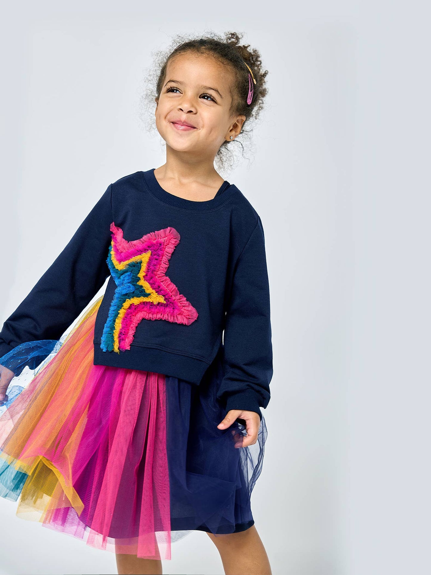 L/S TWOFER DRESS WITH RAINBOW MESH STAR DETAIL AND TUTU MESH