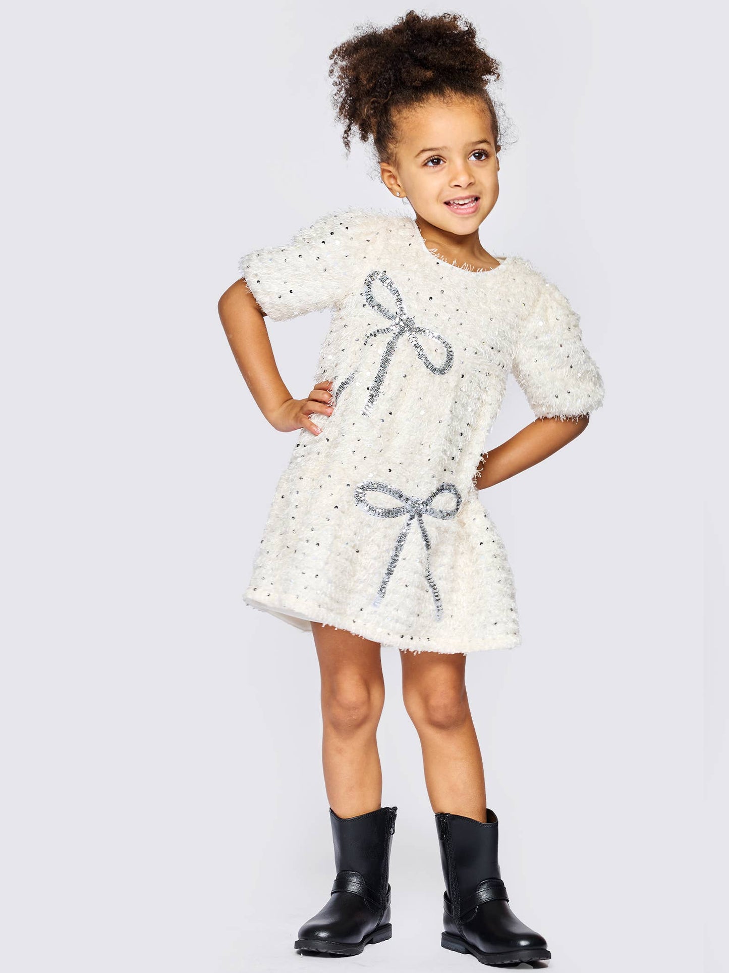 Tiered Dress W/ Sequin Bow Detail: Ivory Mult