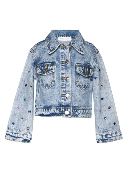 Acid Wash Denim Jacket W/ Rhinestones at Sleeves