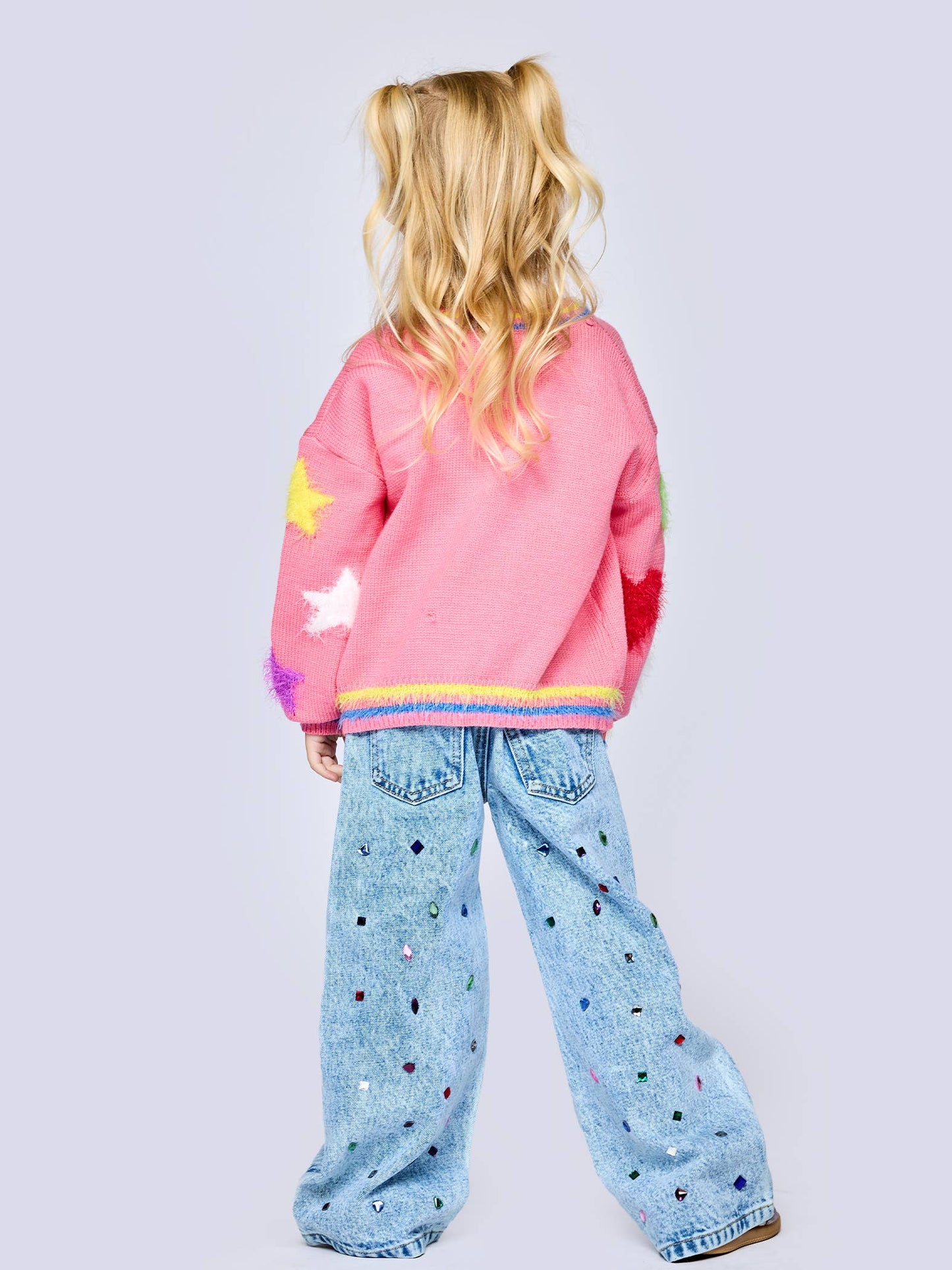 Acid Wash Denim Pants W/ Rhinestones: Blue