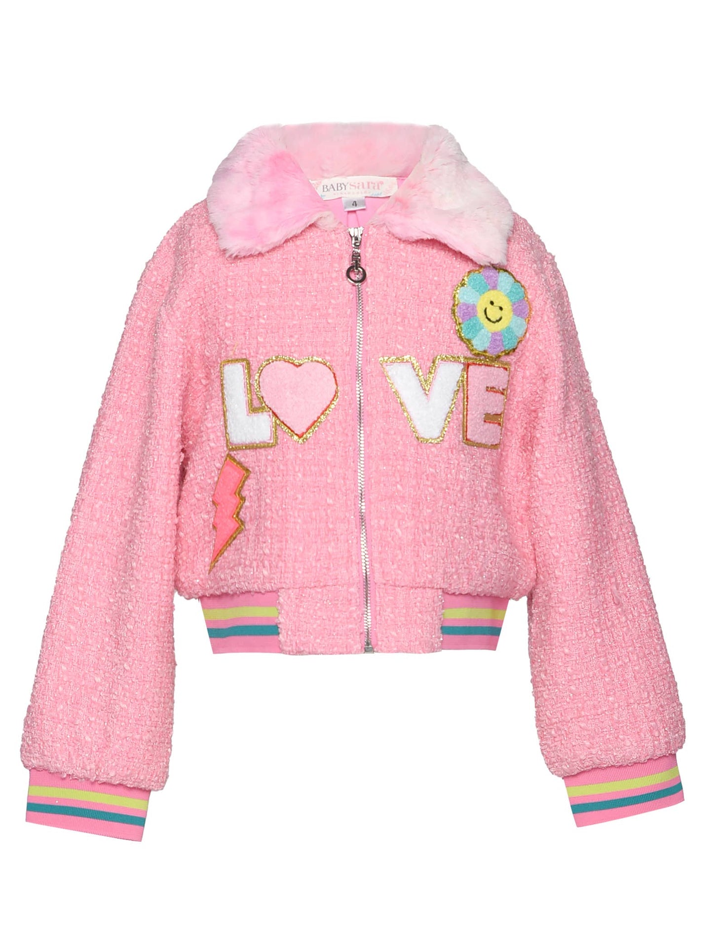 Tweed Bomber Jacket W/ Faux Fur Collar and Love Trim Detail: Pink