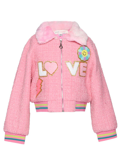 Tweed Bomber Jacket W/ Faux Fur Collar and Love Trim Detail: Pink