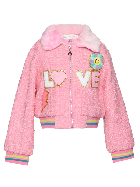Tweed Bomber Jacket W/ Faux Fur Collar and Love Trim Detail: Pink