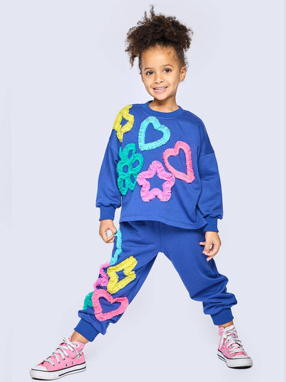 Jogger W/ Mesh Heart, Star, Flower Detail: Blue Multi