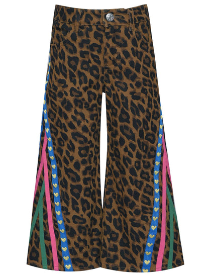 Leopard Print Denim Pants W/ Side Trim Detail: Brn Multi