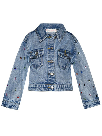 Acid Wash Denim Jacket W/ Rhinestones at Sleeves