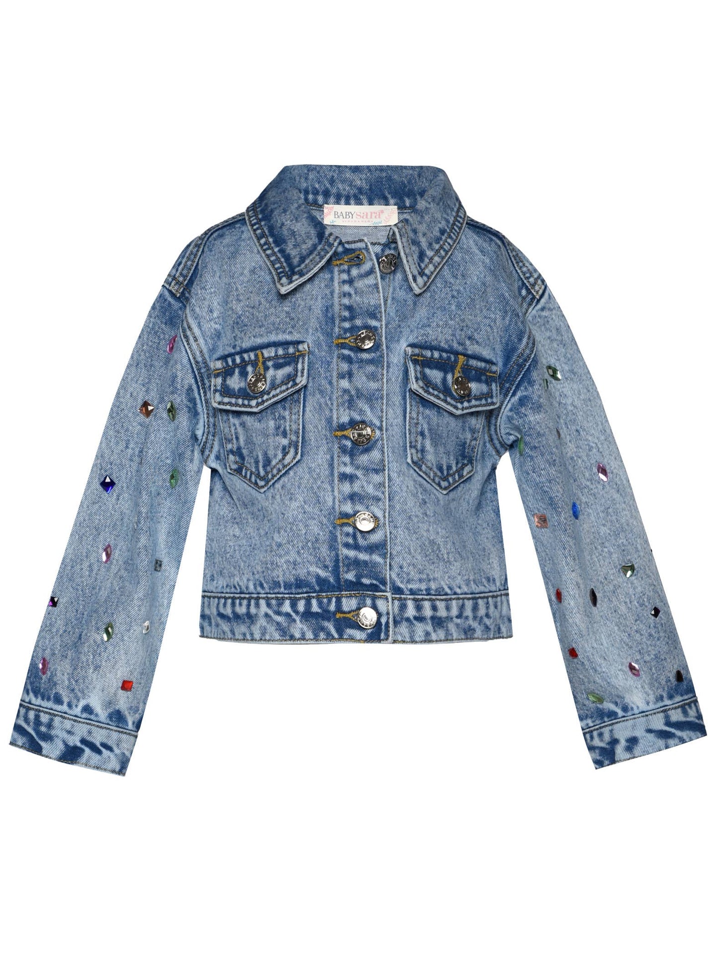 Acid Wash Denim Jacket W/ Rhinestones at Sleeves: Blue
