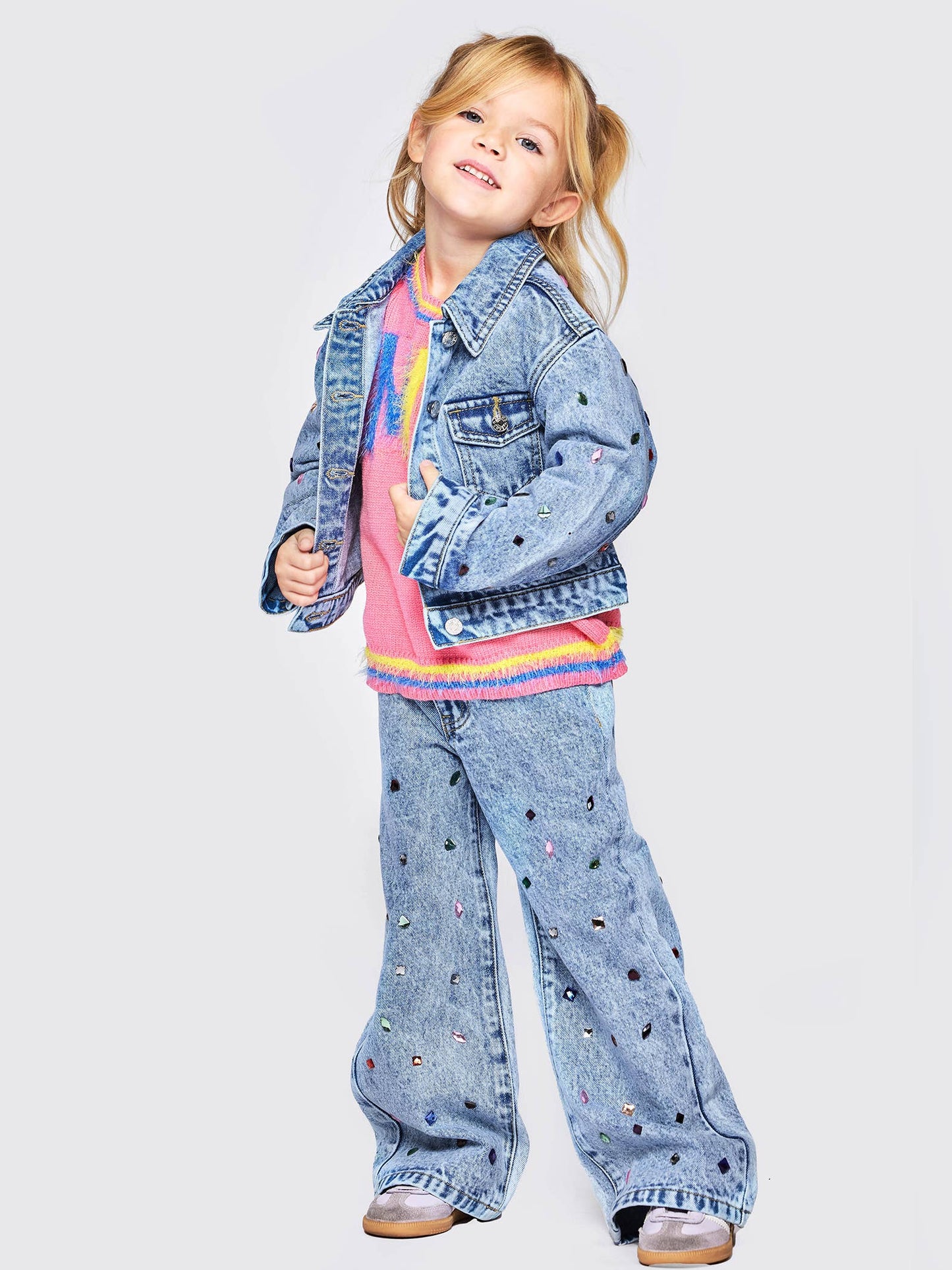 Acid Wash Denim Jacket W/ Rhinestones at Sleeves